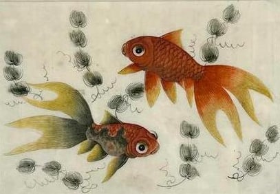 FRAMED ANTIQUE CHINESE GUACHE TRADE PAINTING ON PITH PAPER OF A PAIR OF ORANGE GOLDFISH
