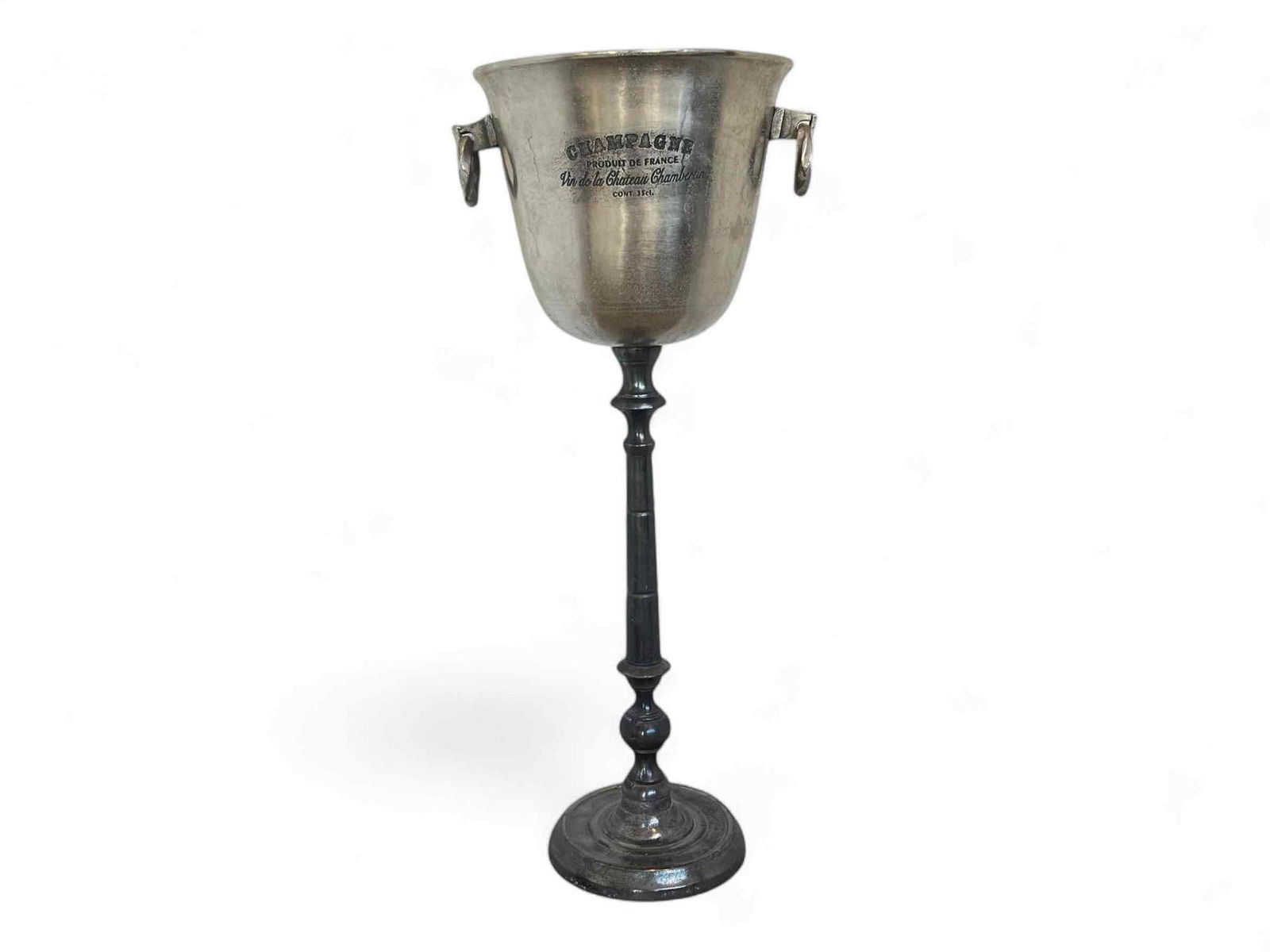 FRENCH VIN DE LA CHATEAU CHAMBERTIN CHAMPAGNE BUCKET ON PEDESTAL: A grand, French "Vin De La Chateau Chambertin" champagne bucket on pedestal with double handles and turned tapered support on a round foot. Dimensions: 37"H x 16"DIA Maker: Chateau C