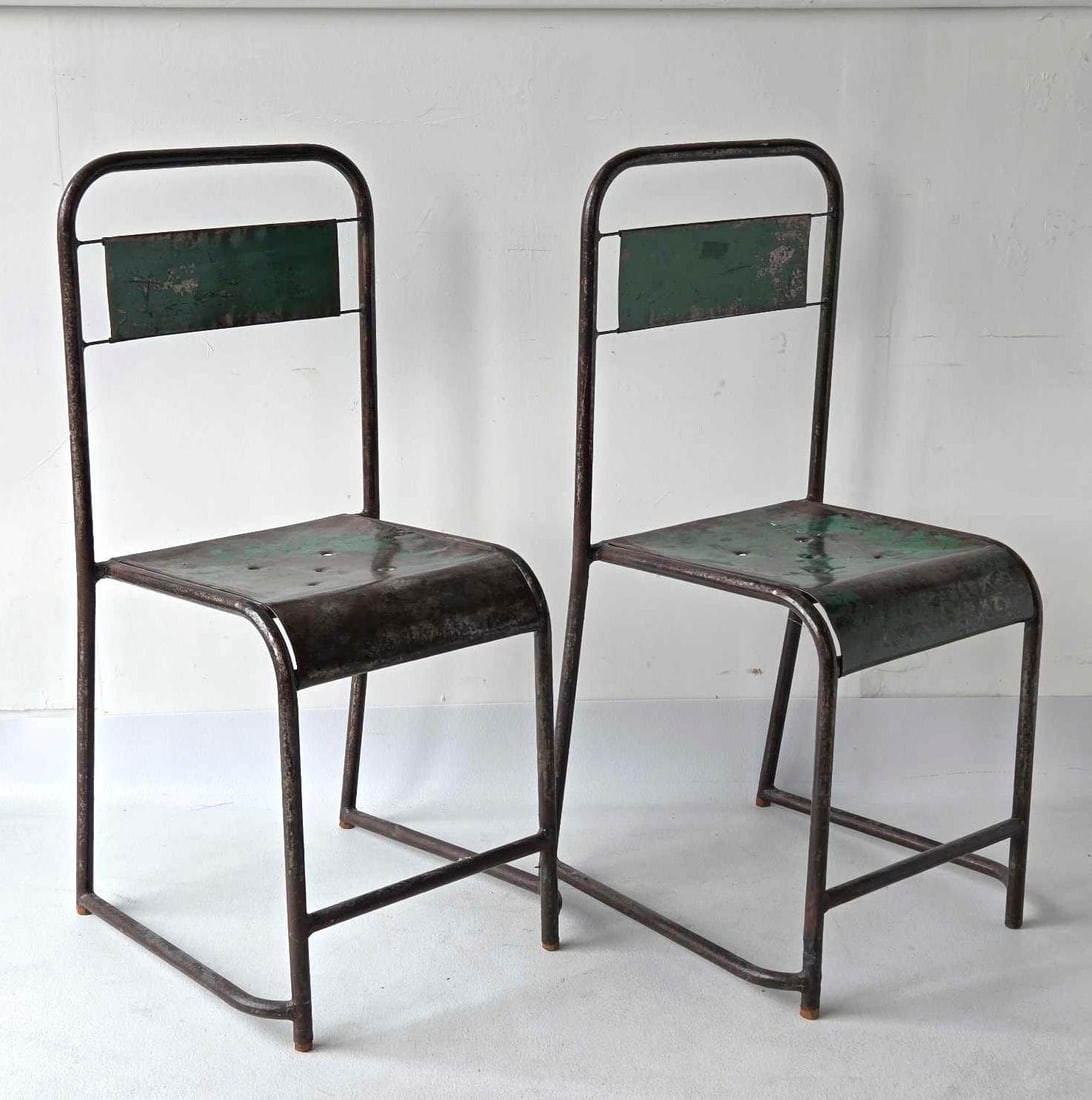 RARE PAIR OF VINTAGE INDUSTRIAL METAL STACKING CHAIRS, DISTRESSED GREEN PAINT FINISH, FACTORY/BISTRO (1 of 10)