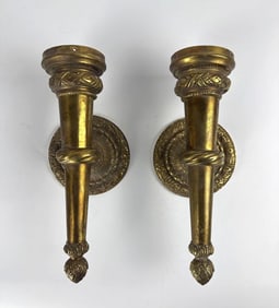 ANTIQUE GILT BRONZE TORCH / CANDLE WALL SCONCES PAIR 12.5 INCHES