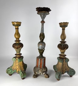 SET OF THREE LARGE ANTIQUE ITALIAN POLYCHROME WOOD CANDLESTICKS TORCHIERES