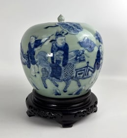 CHINESE CELADON CRACKLE GINGER JAR BLUE & WHITE FIGURAL SCENE
