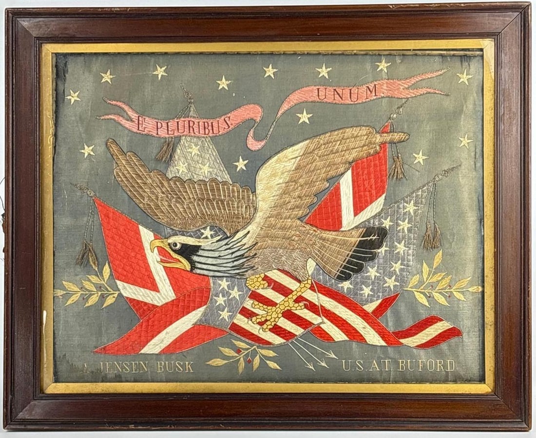 ANTIQUE JAPANESE SILKWORK EMBROIDERY - USAT BUFORD SAILOR ART FLAG - JENSEN BUSK WWI ERA AMERICANA (1 of 8)
