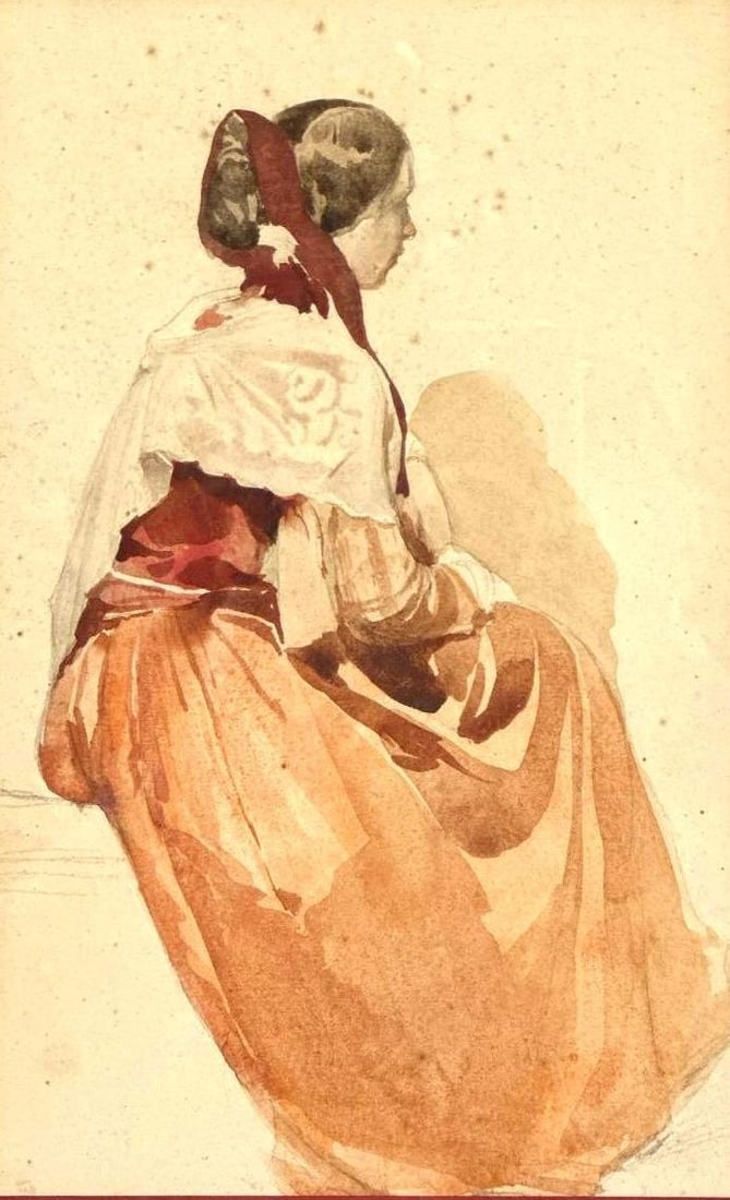 JOZA UPRKA WATER COLOR FRAMED: This fine watercolor captures Moravian folk life in the Slovácko region, traditional kroj , rendered with the artist's characteristic Impressionist-influenced technique of loose brushstrokes and