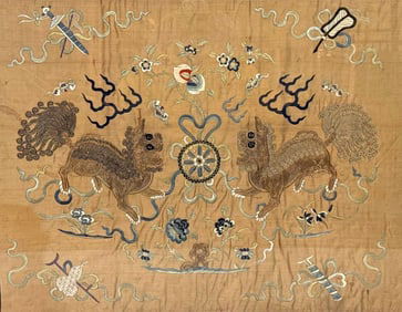 ANTIQUE CHINESE KESI PANEL FORBIDDEN STITCH TAPESTRY MANDARIN RANK BADGE LIONS AND DRAGONS