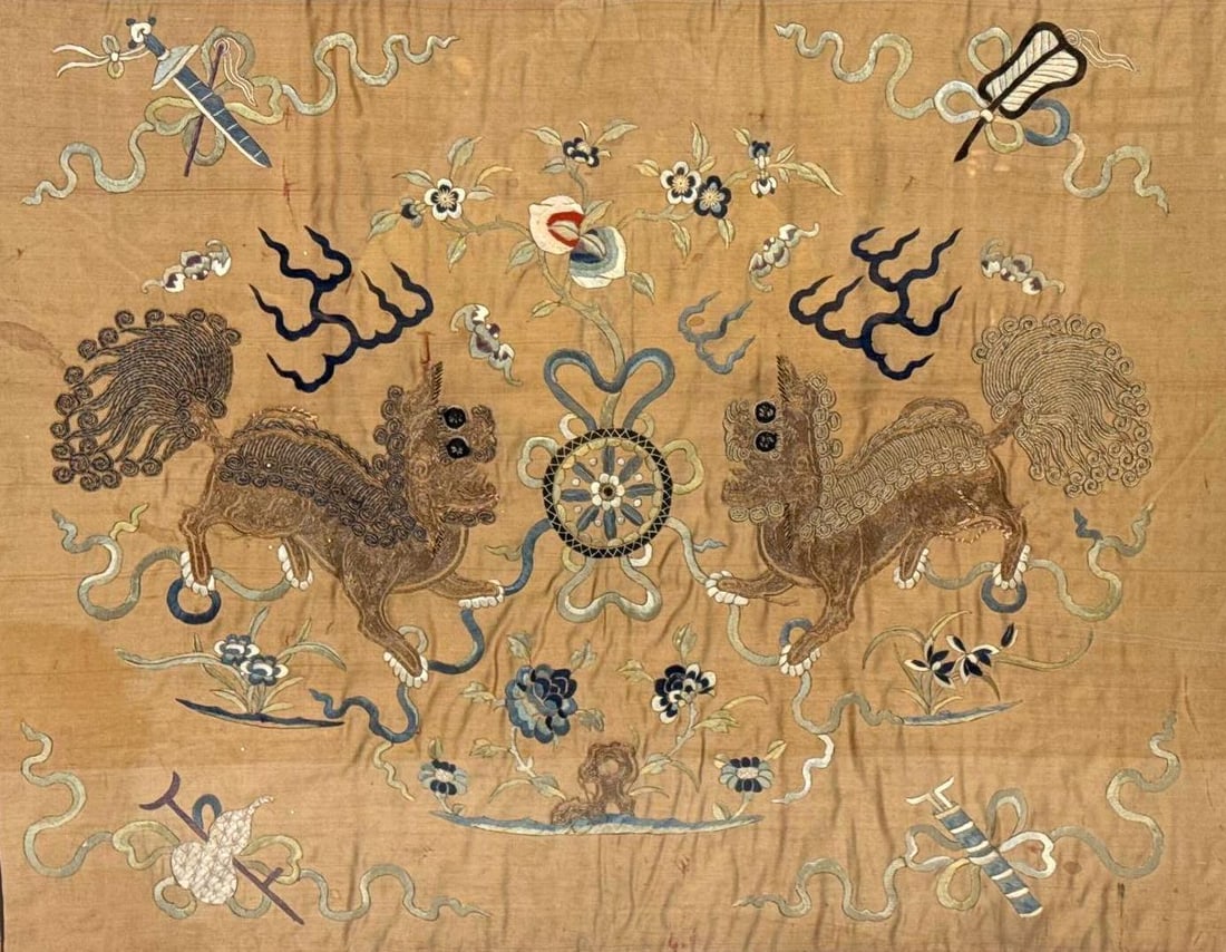 ANTIQUE CHINESE KESI PANEL FORBIDDEN STITCH TAPESTRY MANDARIN RANK BADGE LIONS AND DRAGONS (1 of 5)