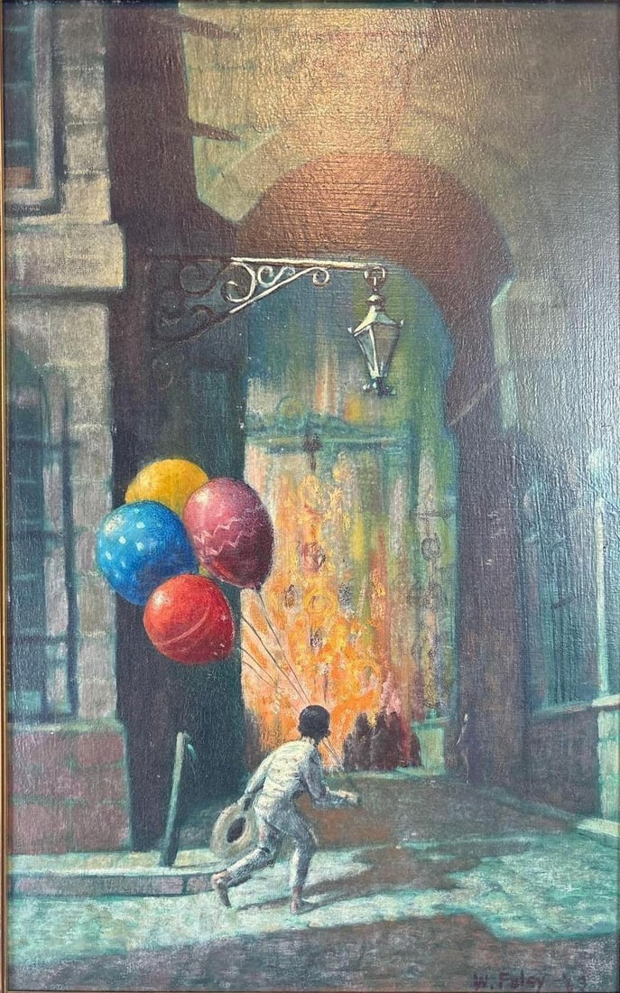 WILLIAM ARTHUR FOLEY STREET SCENE W/ BOY AND BALLOONS OIL PAINTING '63: Boy in archway with balloons oil painting Dimensions: 18" x 11" Artist: William A. Foley Provenance: A New York Collector Notes: Although care is taken to photograph and describe the i