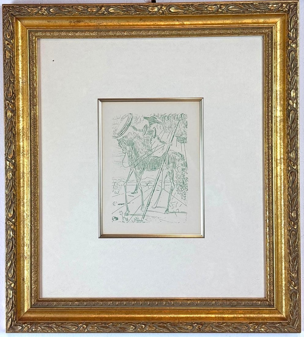HANDSOMELY FRAMED DALI ETCHING "DON QUIJOTE" IN RARE GREEN INK: An etching after Dali's Don Quixote Dimensions: Image 8" x 6" Frame 19" x 17" Artist: After Salvador Dali Provenance: A New York Collector Notes: Although care is take