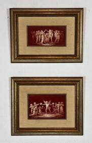 1884 BELLE ÉPOQUE C. ORSI PORCELAIN PLAQUE PAIR: MONOCHROME ROMAN GODS/PUTTI ON VIBRANT RED GROUND.
