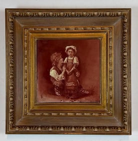 C.R. SIGNED PORCELAIN PLAQUE (1879): VICTORIAN MONOCHROME PAINTING OF CHILDREN