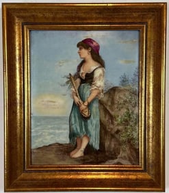 ANTIQUE HAND-PAINTED PORCELAIN PLAQUE - ROMANTIC  COUNTRY WOMAN PORTRAIT IN GILT FRAME