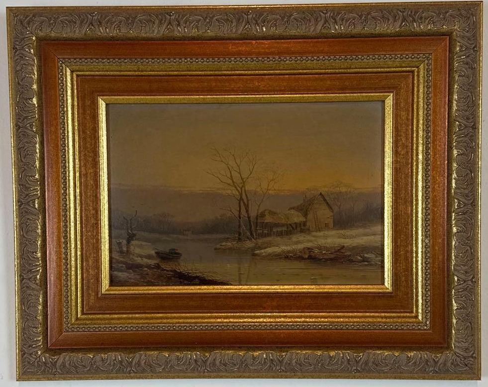 WINTER LANDSCAPE WITH CABIN AND BOAT, OIL ON CANVAS (1 of 6)