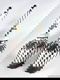 Pair of Palm Beach Regency Lamps: Pair of hollywood palm beach regency ceramic ginger jar table lamps with tropical palm tree motif Dimensions: 27" h x 9.5" dia Maker: Unknown Notes: Although care is taken to photograph and