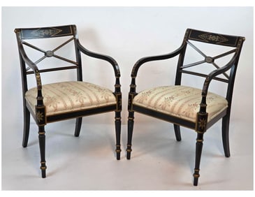 PAIR OF KINDEL REGENCY BLACK LACQUER ARM CHAIRS WITH HAND PAINTED DECORATION