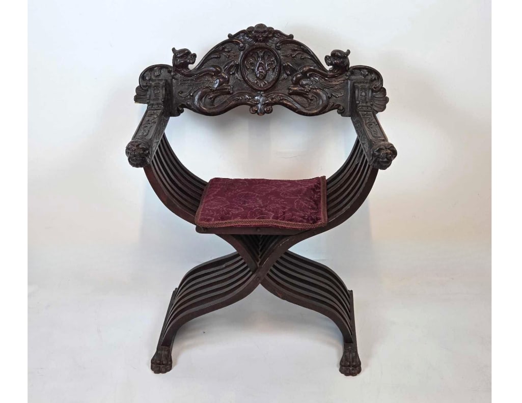 ANTIQUE ITALIAN CARVED HARD WOOD SAVONAROLA CHAIR (1 of 17)
