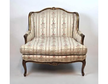 LOUIS XV STYLE CARVED AND GILT WOOD UPHOLSTERED MARQUISE