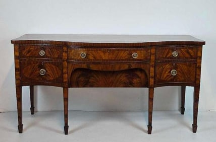 ANTIQUE GEORGE III INLAID MAHOGANY SIDEBOARD: ELEGANT BOW-FRONT