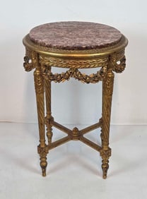 FINE LOUIS XVI STYLE CARVED GILTWOOD ROUGE MARBLE TOP GUERIDON: NEOCLASSICAL ACCENT TABLE