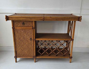 VINTAGE BOHO BAMBOO RATTAN WINE BAR CABINET