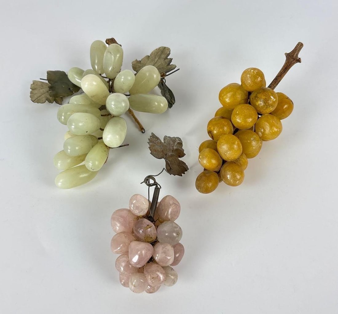 GROUP OF THREE CARVED STONE GRAPES CLUSTERS: JADE, QUARTZ, AND ALABASTER/AGATE FRUIT DECORATION (1 of 6)