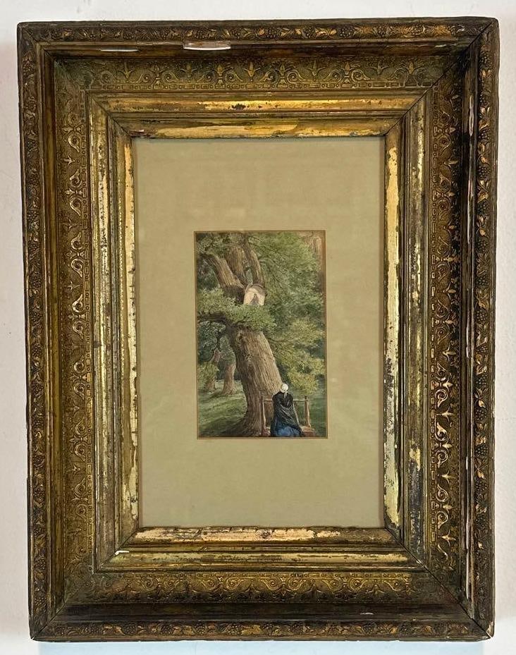 19TH CENTURY FRAMED  EUROPEAN MINIATURE RELIGIOUS CONTEMPLATIVE SHRINE DRAWING (1 of 6)