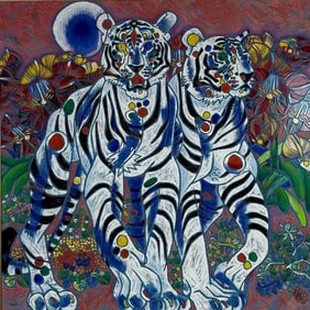 JING TIE-FENG "WHITE TIGERS" HAND EMBELLISHED LIMITED EDITION SERIGRAPH LARGE SCALE