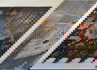 ANTIQUE CHINESE COROMANDEL FOUR-PANEL FOLDING SCREEN: BLACK LACQUER POLYCHROME INCISING, COURT SCENE