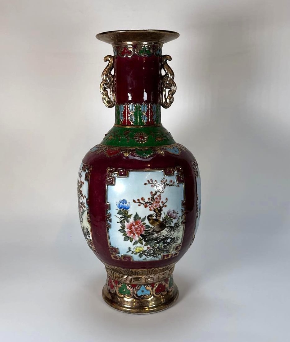 MAGNIFICENT 20" CHINESE PORCELAIN VASE: DAOGUANG MARK ON GILDED BASE, IRON RED ENAMEL, FIGURAL PANEL (1 of 6)