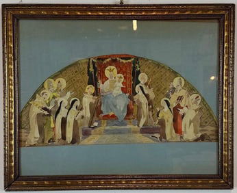 ANTIQUE ITALIAN RENAISSANCE STYLE WATERCOLOR: MADONNA & CHILD ENTHRONED ALTAR PIECE STUDY GILT FRAME