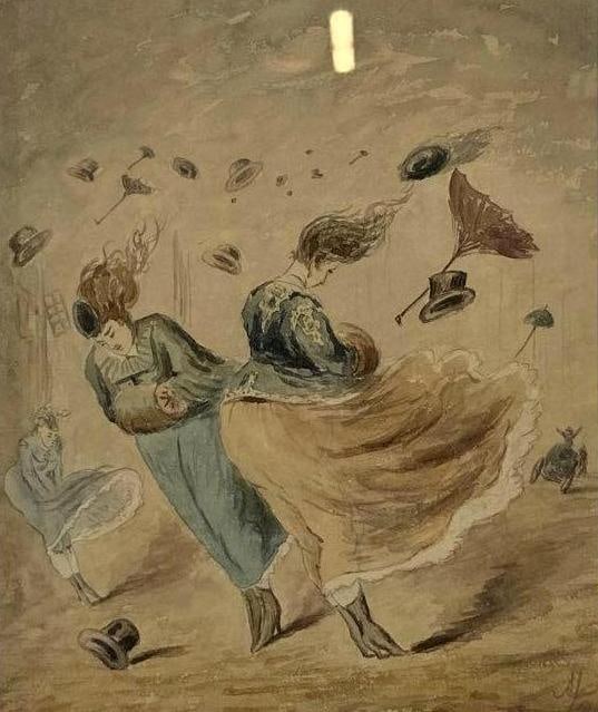 IMPRESSIVELY FRAMED ANTIQUE DRAWING OF WIND SCENE, FRAMED PENCIL SIGNED (1 of 6)