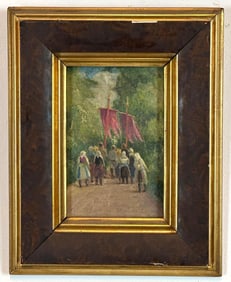 19TH CENTURY FOLK OIL PAINTING CROWD WITH RED BANNERS FRAMED