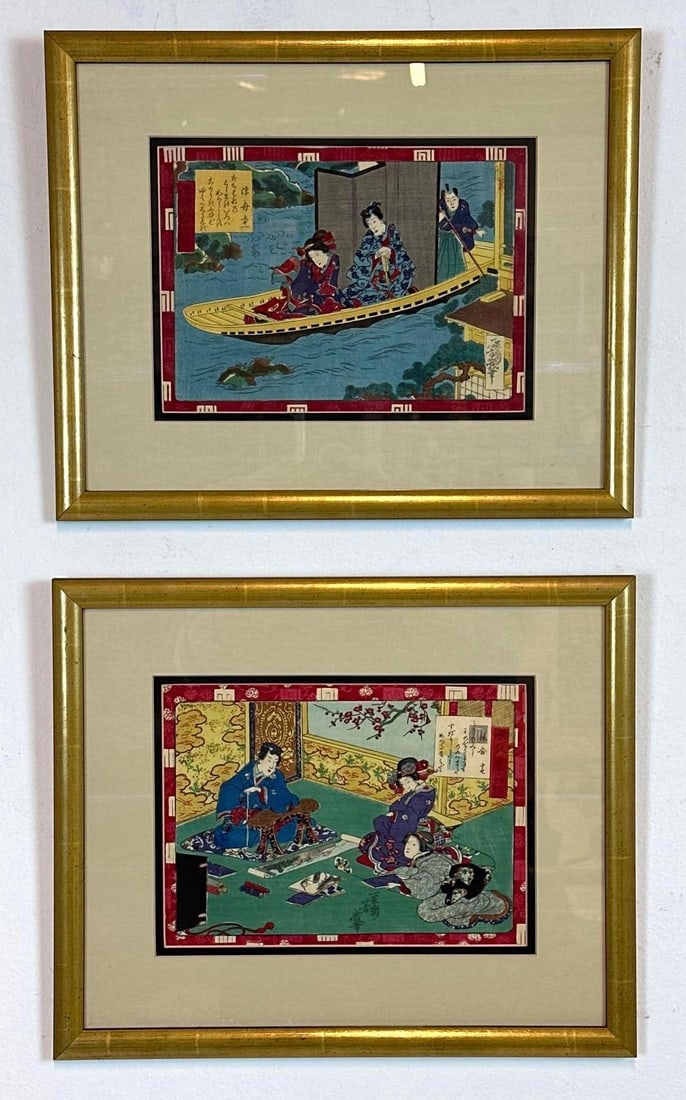 PAIR ANTIQUE JAPANESE WOODBLOCK PRINTS, UKIYO-E, MEIJI ERA, PAIR, GEISHA, BOAT, INTERIOR SCENE (1 of 7)
