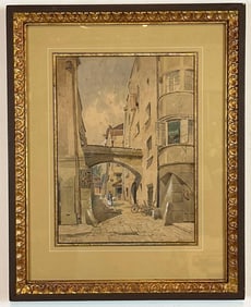 WATERCOLOR EUROPEAN STREET SCENE PAINTING