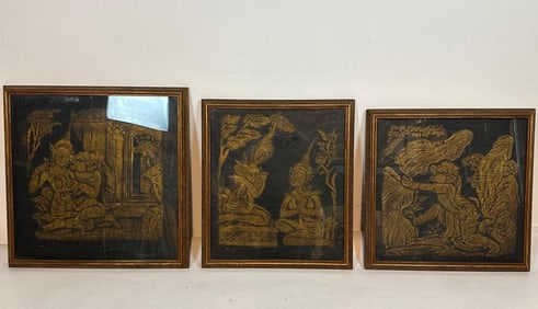 RARE SET OF 3 FRAMED THAI TEMPLE RUBBINGS - PRE-BAN VINTAGE GOLD ON BLACK