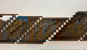 RARE SET OF 3 FRAMED THAI TEMPLE RUBBINGS - PRE-BAN VINTAGE GOLD ON BLACK: This is a framed triptych of vintage Thai temple rubbings—gold leaf on dark paper —depicting scenes, from the Ramakien epic or dancers/figures associated with royal or Buddhist mythology. Dimensi