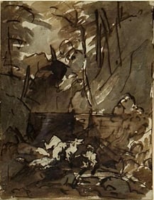 FRAMED ANTIQUE/VINTAGE INITIALED INK AND WASH LANDSCAPE DRAWING