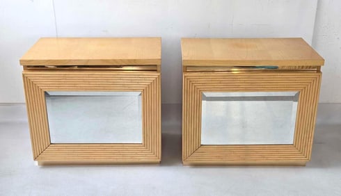 PAIR OF MID CENTURY MODERN LACQUERED WALNUT FAUX BAMBOO MIRRORED FRONT SIDE TABLES