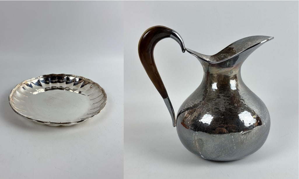 SANDRA JORDAN HAMMERED SILVER PLATED PITCHER AND FLUTED DISH (1 of 13)