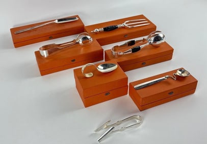 SANDRA JORDAN SILVER PLATE SERVING FLATWARE LOT (7 ITEMS)  INCl. RARE BONE MARROW SPOON