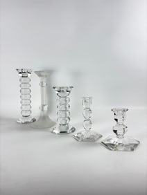 VAL ST. LAMBERT CRYSTAL SPHERICAL CANDLESTICK LOT (5 ITEMS)