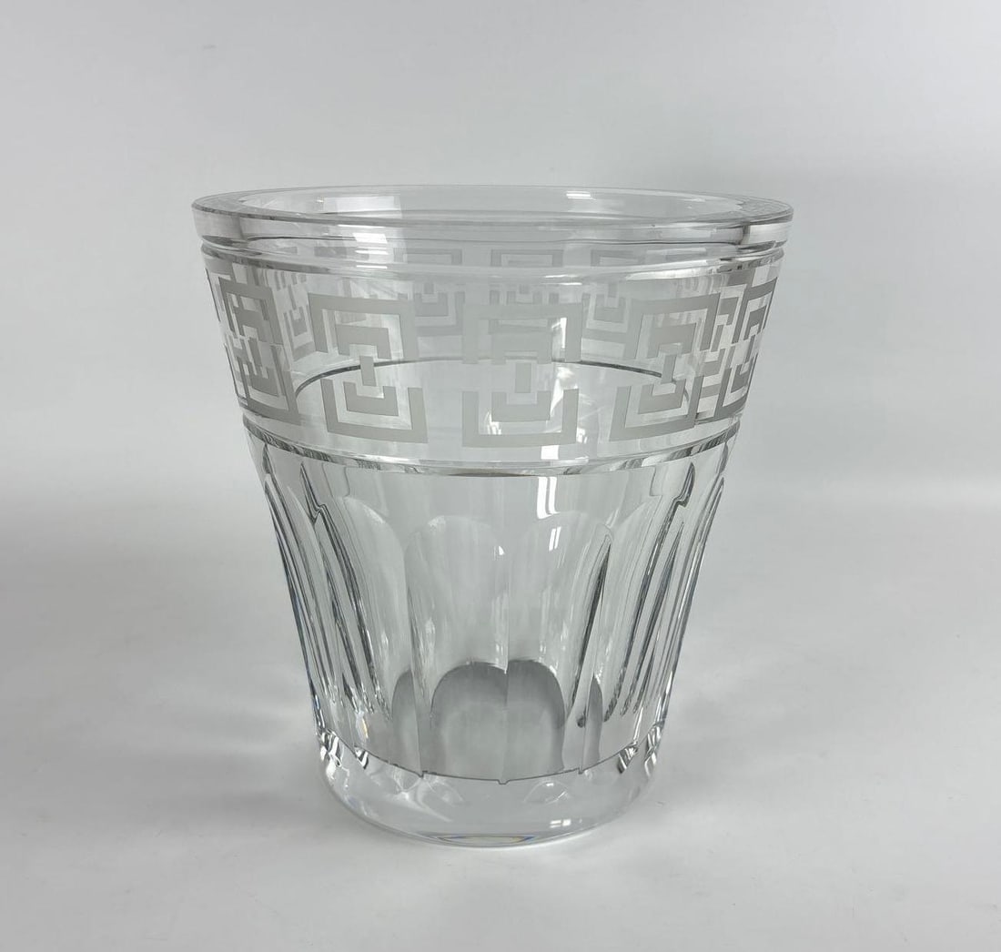 MASSIVE VAL SAINT LAMBERT AEGEAN CHAMPAGNE COOLER CENTERPIECE PRESENTATION VASE 10": This Massive Val St. Lambert Aegean Champagne Cooler is a striking, heavy crystal presentation piece tall, featuring a wide, cylindrical body with bold vertical cuts and a deeply etched Greek Key (mea