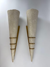CUSTOM POST MODERN CONICAL CRACKLE GLAZED STUDIO POTTERY SCONCES W/GILT METAL SERPENTINE MOUNTS (2)