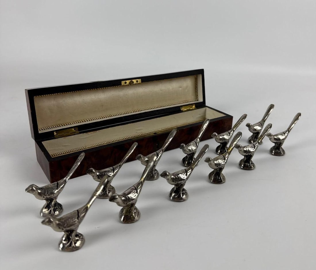 SET OF TWELVE HAND FORGED SILVERED BRASS BIRD FIGURAL PLACE CARD HOLDERS (1 of 9)