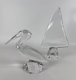 LARGE DAUM CRYSTAL PELICAN AND BOAT SIGNED FRANCE