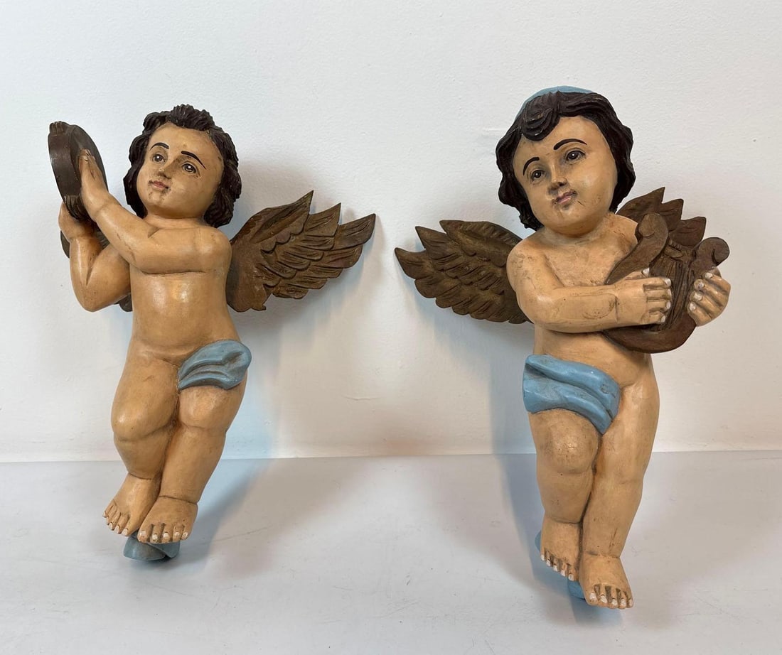 PAIR OF VINTAGE HEAVY COMPOSITION PUTTI SCULPTURES - CHERUB WALL HANGINGS (1 of 19)