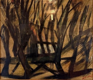 HENRI D'ANTY SIGNED IMPRESSIONIST WOODED LANDSCAPE WITH COTTAGE MIXED MEDIA ON PAPER