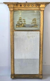 EXQUISITE ANTIQUE FEDERAL GILTWOOD TRUMEAU MIRROR WITH EGLOMISE REVERSE PAINTED TABLET