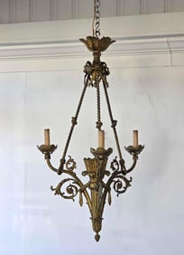 LOUIS XVI STYLE THREE LIGHT BRONZE CHANDELIER WITH ROPE AND BOW MOTIF