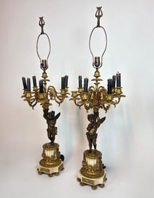 PAIR OF LOUIS XV STYLE BRONZE & MARBLE FIGURAL CHERUB CANDELABRA TABLE LAMPS