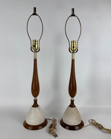 PAIR OF DANISH MID-CENTURY MODERN TEAK MCM AND TEXTURED CERAMIC TABLE LAMPS